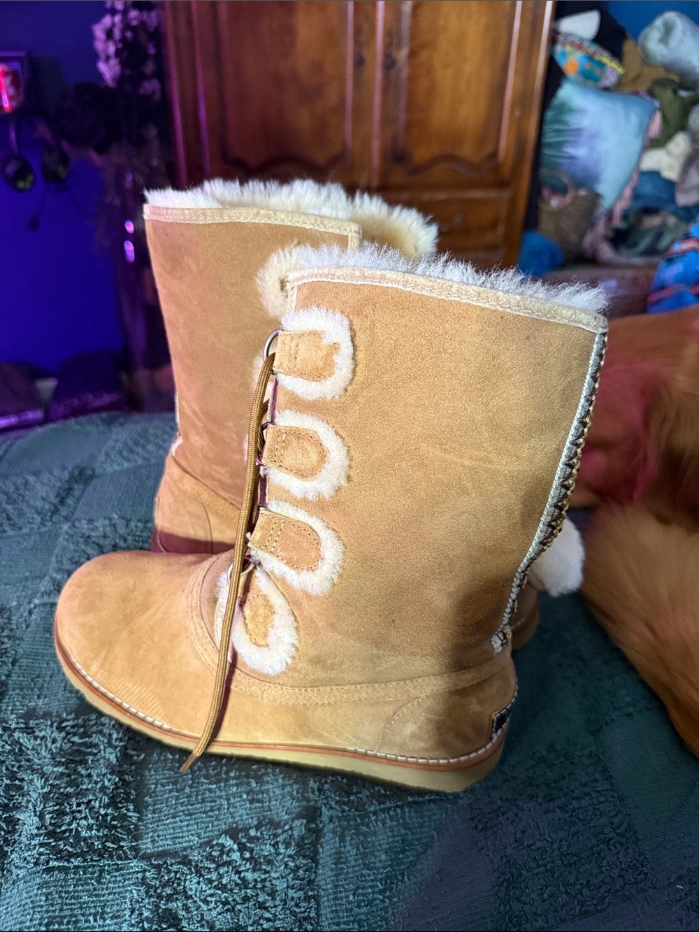 UGG Chestnut Suede Shearling-Trim Lace-Up Boots